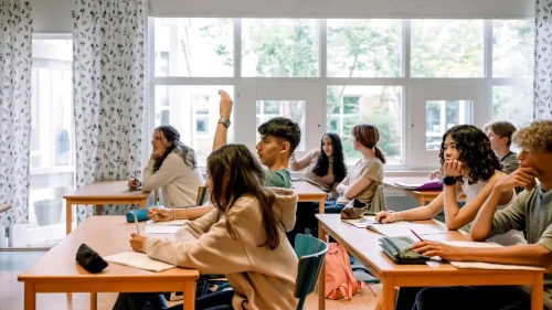 Kille räcker upp handen under lektion i ett klassrum för att få svar på hans fråga 
