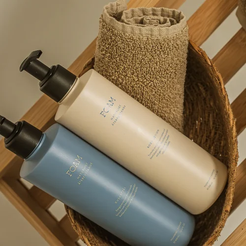 Paket med duschtvål body lotion i en badrumsmiljö