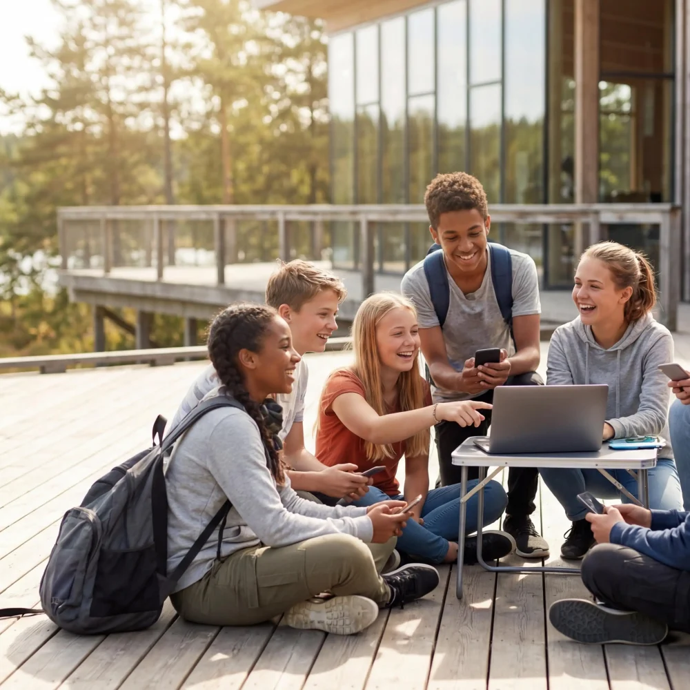 Klass med flera elever som planerar klassresa medan de sitter ute på en terass i ring.