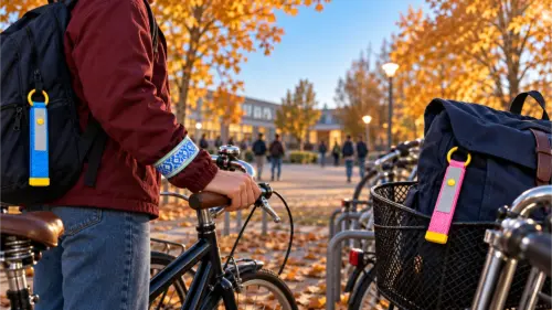 Elev med Colorline-reflexer på ryggsäcken och slap wrap på armen vid cykelstället på skolgården